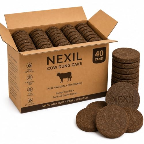 Image of NEXIL Pure Desi Cow Dung Cakes for Pooja, Hawan & Agnihotra | 100% Natural & Sun-Dried | Size: 3 Inch Diameter, 1 Inch Thickness | Organic Cow Dung Upla for Religious Ceremonies (Pack of 40)
