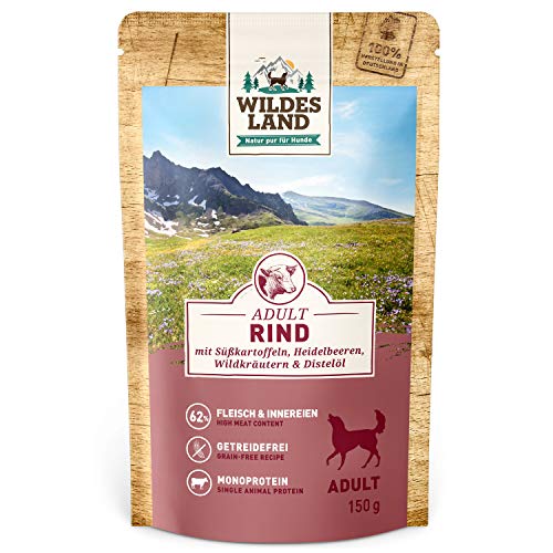 Wildes Land - Nassfutter Pouches - Nr. 5 Rind - 8 x 150 g - mit Süßkartoffeln, Heidelbeeren, Wildkräutern & Distelöl - Glutenfrei - Extra viel Fleisch - Beste Akzeptanz und Verträglichkeit