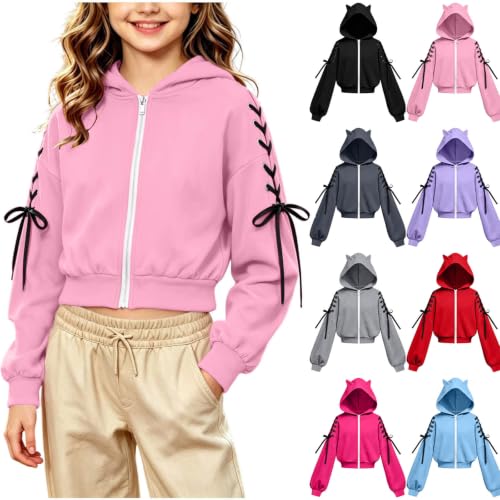 Girls Zip Up Hoodie Y2K Cat Ear Hoodies Lace Up Sleeve Sweatshirts Tween - image 1