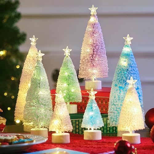 JOYIN 8 Pcs Small Xmas Trees with LED Lights, Flocked