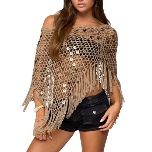 Women Y2k Crochet Poncho Top See Through Shrug Bolero Mesh Shawl Sweater Top Wraps Cover Up Pullover