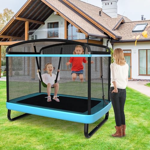 GLACER Toddler Trampoline, 6FT Indoor/Outdoor Rectangle Mini Trampoline with Swing & Safety Enclosure Net, Gift for Boys & Girls Ages 3+ (Blue) - Thumbnail 7