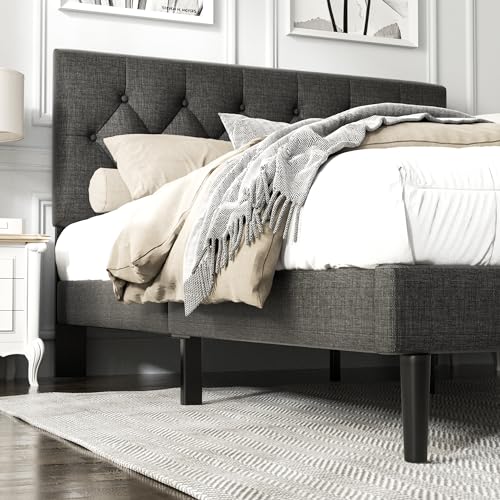 Queen Size Platform Bed Frame with Upholstered Headboard, Wooden Slat Support - Dark Grey