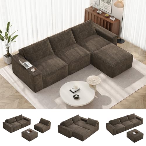 Image of Vesgantti 113 inch Modular Sofa, 3 Seater Couch with Ottoman, Boneless Sofa for Living Room, Brown