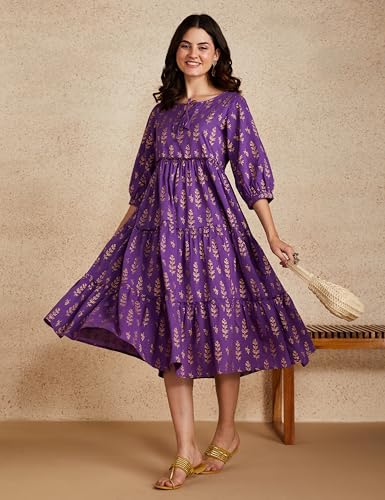 Image of Amazon Brand - Myx Women Cotton Printed Tiered Dress (Available in Plus Sizes)