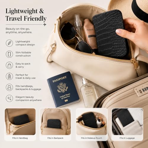 Image of Foldable Makeup Mirror with Adjustable Stand, Portable HD Vanity Mirror for Travel & Dressing Table, PU Leather Crocodile Pattern Compact Cosmetic Mirror for Women & Girls(16x11cm) (Black)
