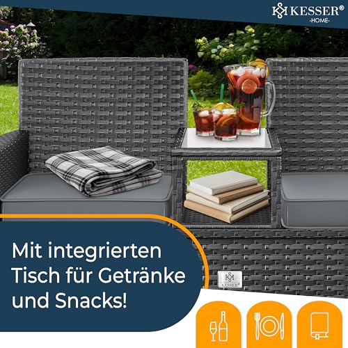 KESSER® Polyrattan Gartenbank mit Tisch, 2 Sitzer, 143x63x88cm Gartenbank wetterfest, Sitzbank Outdoor, Balkonbank mit Ablage, Gartenmöbel Rattan Bank für Garten & Balkon + Kissen & Cover, Anthrazit 3