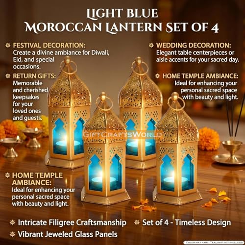 Image of Metal Antique Moroccan Lantern Hanging Vintage Style Lamp for Home Decoration Diwali Festive Light Traditional Indoor Outdoor Decor (Light Blue, Set of 4)