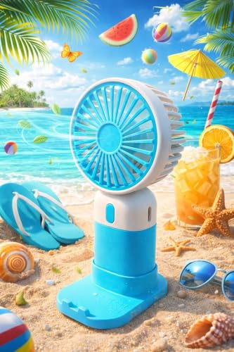 Image of Kabello Portable Hand Fan for Adults and Kids Rechargeable Handheld Fan with 3 Fan Speed Mini Fan for Travelling, Makeup and Office (Blue)