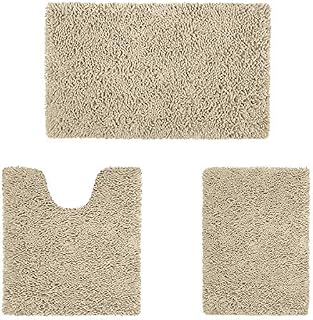 HOMEIDEAS 3 Pieces Bath Mat Set, Soft Chenille Bathroom Rugs Mat,3X Absorbent Spa Shaggy Bath Rugs Set, Machine Washable & Non Slip Bath Mats for Bathroom, Tub, ShowerBeige