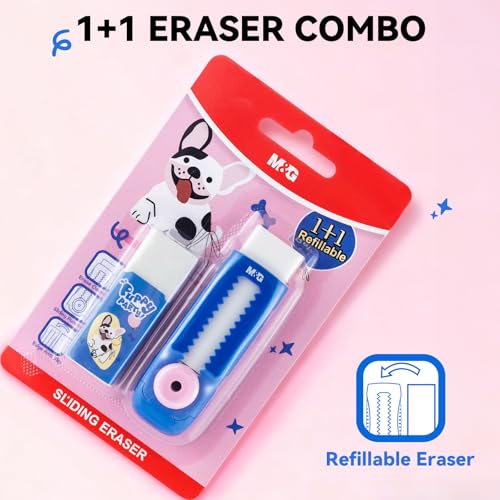 Image of M&G 1+1 Pack Blue Sliding Retractable Cute Eraser Set, Refillable Soft Large Rubber Eraser with Sleeve for Kids Students School Office Supplies