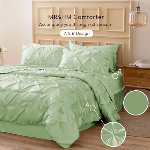 MR&HM Satin Comforter King 7 Pieces - Luxurious Pinch Pleat Bedding Set with Comforter, Flat Sheet, Fitted Sheet, Pillowcases & Shams, Super Silky Soft Bed Set for All Season (King, Light Sage)