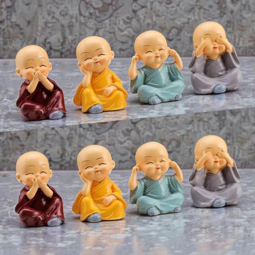 Image of Oblivion Buddha Monk Figurine Set - Multicolour Resin Decorative Showpiece with Traditional Straw Hats for Unique Gift, Home Decor, Indoor /Outdoor Garden, Car Dashboard (Buddha Without Cap)
