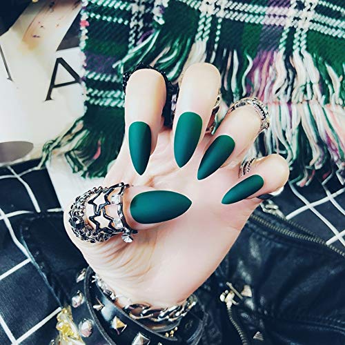 24pcs Matte Pure Color Stiletto Nails False Gel Nails Art Tips Sets Full Cover Medium Almond Shape Acrylic Fake Nail Tips Gel (Bibo Green)