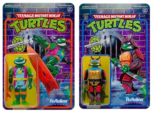 Super 7 Teenage Mutant Ninja Turtles 3.75 in Reaction Figure – 2 pc Bundle – Sewer Samurai Leo & Sewer Surfer Mike Wave 3 Action Figure Set, Green, SPR997745