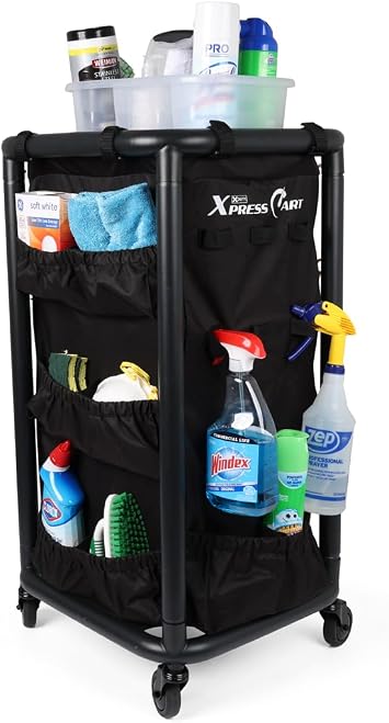 Multipurpose Rolling Janitorial Cart Ideal for Garage Organization, Car Detailing, Laundry Room/Home Cleaning Compact Utility Cart on Wheels w/Steel Frame, Organizer & Black Bag Matte Black