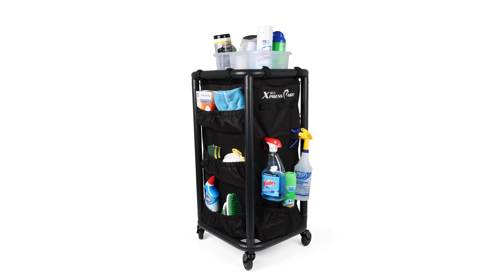 Multipurpose Rolling Janitorial Cart – Ideal for Garage Organization, Car Detailing, Laundry Room/Home Cleaning – Compact Utility Cart on Wheels w/Steel Frame, Organizer & Black Bag – Matte Black