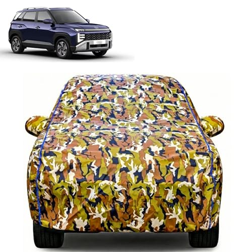 Image of Waterproof Car Body Cover for Hyundai Venue with Mirror Pocket| Cotton Inner Lining | Triple Stitched | All Weather Protection | Dust, UV & Rain Proof (Camouflage with Blue Piping)