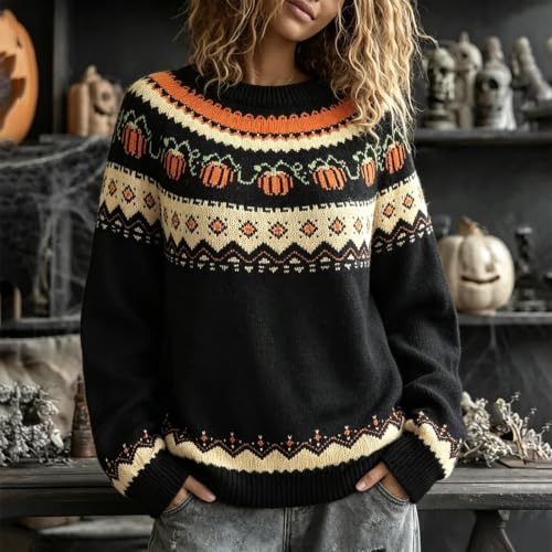 Women Fall Pumpkin Fair Isle Halloween Sweater Cozy Knit Vintage Pullover - image 2