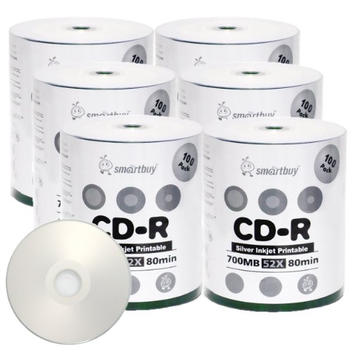Smartbuy 700mb/80min 52x CD-R Silver Inkjet Hub Printable Blank Recordable Media Disc (600-Disc)