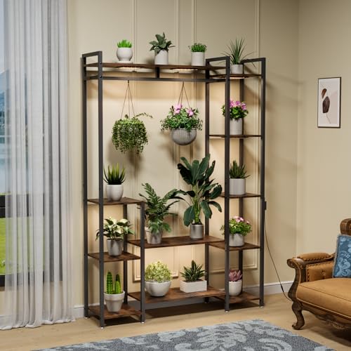 Image of Plant Stand Indoor with Grow Lights 11 Tiered Wood Indoor Plant Shelf 62 inch Tall Plant Stand Metal Frame for Indoor Plants Multiple Flower Pot Holder, Large Plant Rack for Living Room Patio Corner