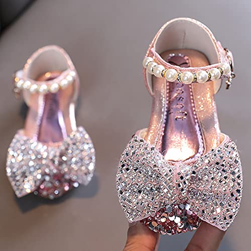 Girls Wedding Sandals Fashion Spring And Summer Girls Sandals Dress Dance Show Princess Shoes Rhinestone Bowknot Pearl (Pink-a, 8.5 Toddler)3
