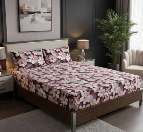 Image of 7D 400TC Cotton Feel Glace Cotton Elastic Fitted Bedsheet Queen Size || Includes 1 Double Bed Elastic Bedsheet Queen Size with 2 Pillow Covers (60 inch x 78 inch Inches, Jasper)