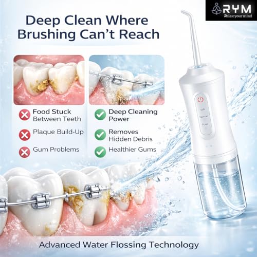 Image of RYM Water Flosser for Teeth | Dental Water Flosser Portable with 245ml Tank, 3 Modes, 4 Nozzles, USB Type-C Rechargeable, Waterproof Electric Flosser for Teeth Cleaning, Braces & Gum Care