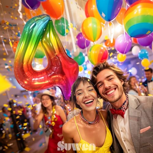 Image of SUWEN Rainbow Number 4 Balloon 40 Inch,Big Colorful Balloons 0-9 | Large Gradient Jelly 4th Helium Foil Mylar Number Multicolor Balloons for Birthday Anniversary Party Decorations