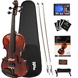 Mendini By Cecilio 3/4 Violin For Beginners, Black Solid Wood - Flamed Acoustic Violins Set with Case, Tuner, Shoulder Rest, Bow, Rosin, Bridge & Strings