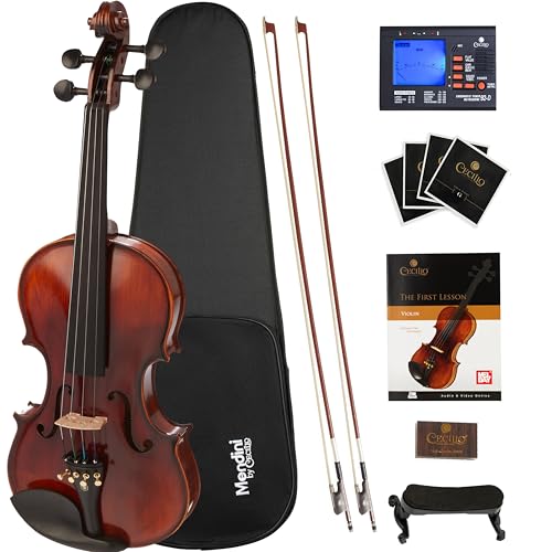 Mendini By Cecilio 3/4 Violin For Beginners Black Solid Wood - Flamed Acoustic Violins Set with Case Tuner Shoulder Rest Bow Rosin Bridge & Strings