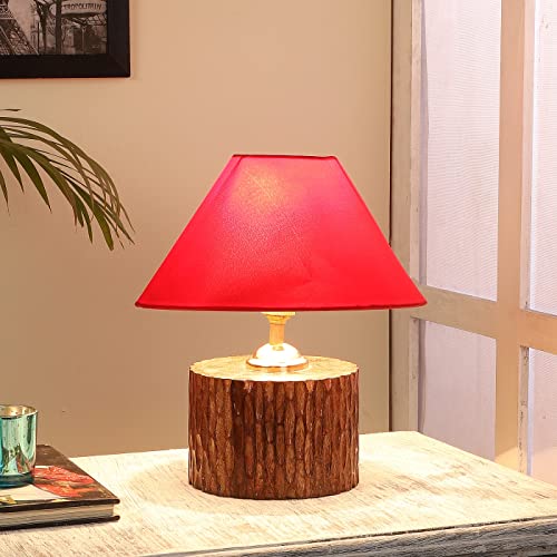 Image of tu casa Table Lamps with Mango Wood Base & Red Cotton Shades for Home Decor, Bedrooms, Living Room, Gifting, Diwali Decoration, Dining Space, Study Room, Hall (Height- 29cm) - Bulb not Included