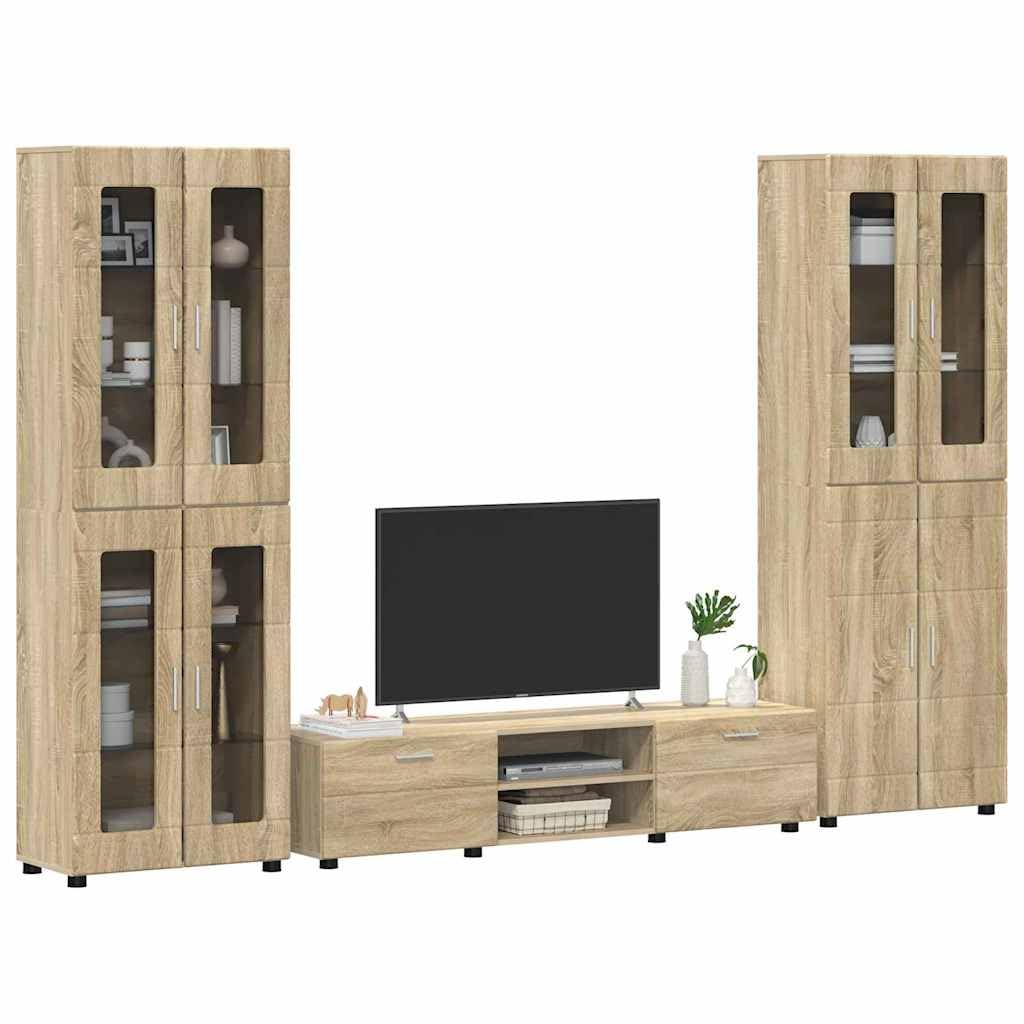 Set di mobili per TV Florin, 3 pezzi, in legno di rovere Sonoma, con ripiano alto e ripiano, moderno set di mobili per soggiorno con molto spazio e cassetti per una conservazione elegante