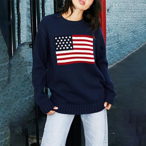 Image of Womens American Flag Sweater Long Sleeve Crew Neck Star Graphic Knit Pullover Tops Casual Loose USA Sweater