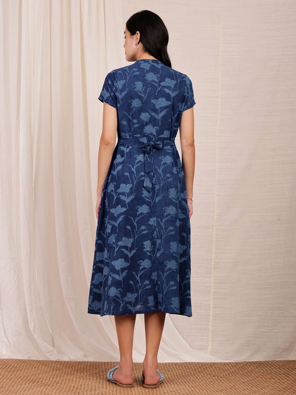 Image of Pink Fort Women Casual Cotton Handblock Dabu Floral Dress | A-Line Fit Short Sleeve 2 Functional Pockets | Navy Blue