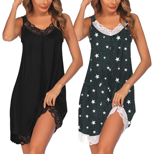 Image of Ekouaer Womens Nightgown 2 Pack Nightgown V Neck Lace Sleepwear Sleeveless Chemise Women's nightgowns & sleepshirts S-XXL