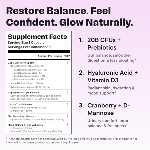 Image of Women's Probiotic 20 Billion CFU - 5-in-1 Daily Support for Digestive, Vaginal & Urinary Health - with Cranberry, D-Mannose, Prebiotics & Hyaluronic Acid - 30 Capsules