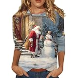 Shirt Damen 3/4 Arm Unterziehshirt Weihnachtsshirt Lang Weihnachtskleid Damen, Pulover Weihnachtspulli Pailletten Top Glitzer Christmas Weiß L