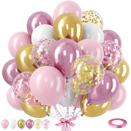 Image of Pink Gold Balloons Set, 12 Inch Pink White Latex Balloons Pink Confetti Helium Balloons Pink and Metallic Gold Party Balloons for Bridal Baby Shower Wedding Girl Women Birthday Decorations