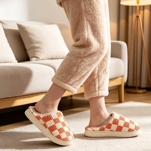 Image of Checkered Slippers for Women and Men - Fuzzy House Slippers with Memory Foam, Comfy Plush Fluffy Indoor House Shoes, Cozy Warm Slip on Bedroom Slippers with Non-Slip Sole