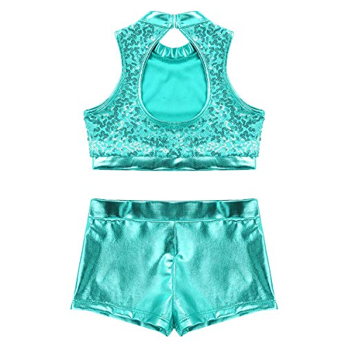 Image of easyforever Kids Girls 2PCS Shiny Mermaid Scales Ballet Dance Outfit Crop Top with Short Tankini Swimsuit