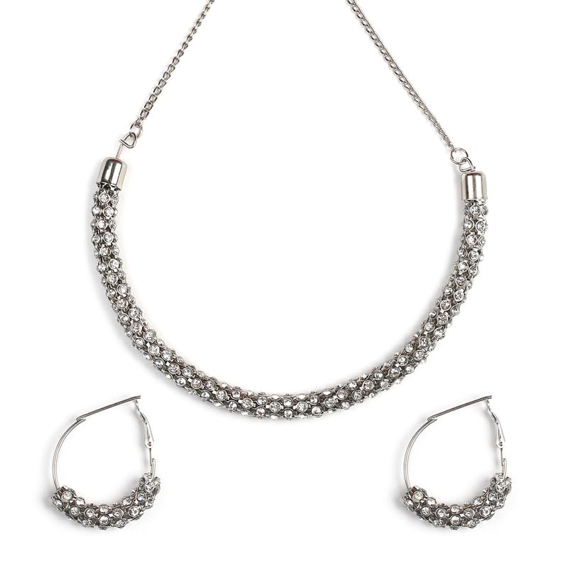 Mad Club Alloy Steel Artificial Stone Jewellery Set for Womens and Girls with Elegant Design | Comfortable Lightweight Handcrafted Necklace Set for Weddding, Parties, Functions (Hasli-Silver)