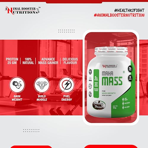 Image of Animal Booster Nutrition Maha Mass Gainer, 25 Grams of Protein in 90gm of Serving Helps in Gain Weight, Build Muscle & Fuel Energy - Chocolate Flavor (33 Servings /3KG)