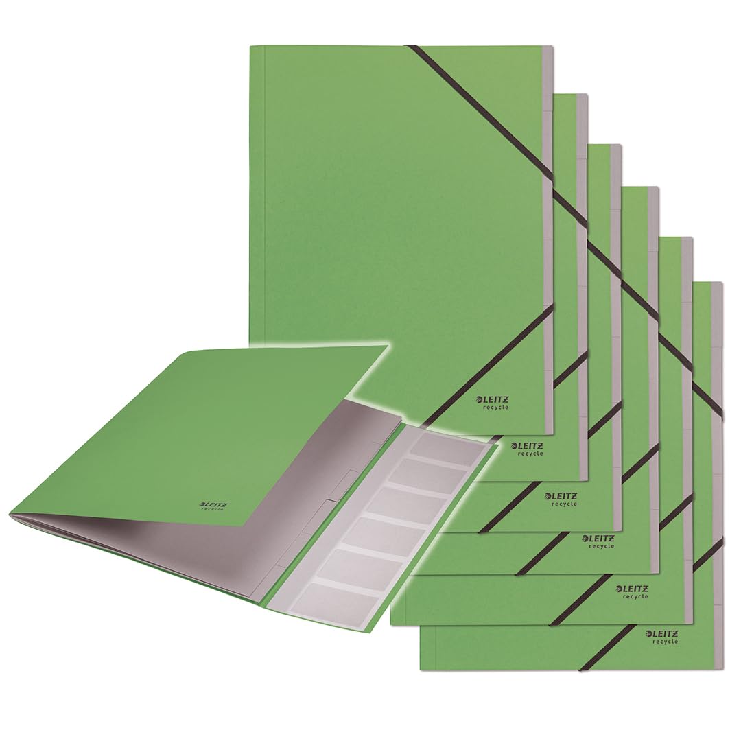 Leitz Recycle 39140055 A4 Folder Pack of 6 Project Folder with 6 Compartments with Index, Recycle Series, Green