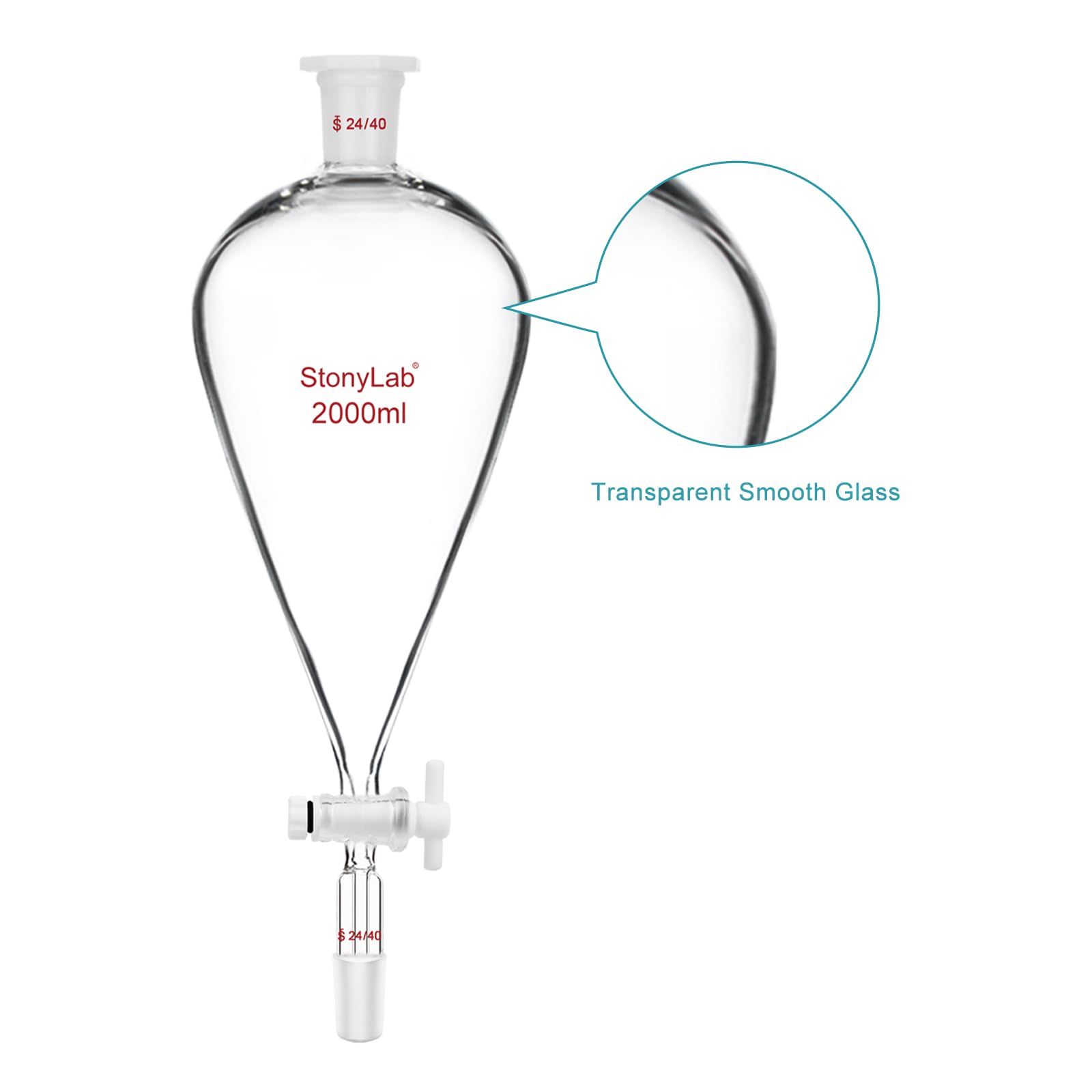 stonylab Separador Embudo con PTFE Llave de Paso, 2000 ml Cónico Forma de Pera Pared Pesada Vidrio Borosilicato Separador Embudo con 24/40 Juntas