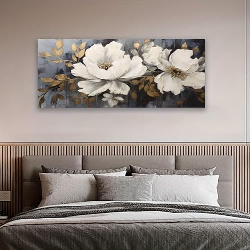 Peinture fleurs blanches pour illuminer une chambre sombre : cadre intérieur 50x115 cm