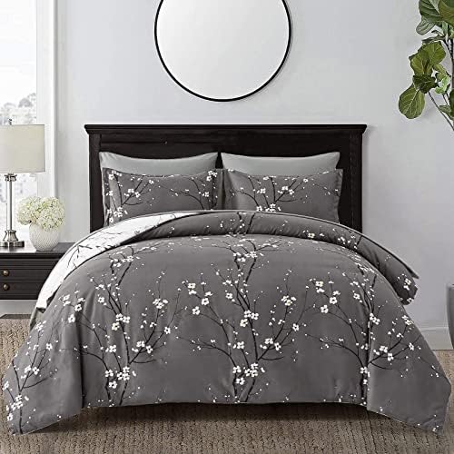 Grey White Reversible Floral Bedding Set 3 Pieces Tree Branch and Plum Flower Printed Duvet Cover Set with 2 Pillowcases Soft Microfiber Double Size 200x200 cm