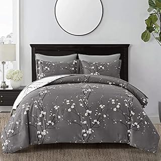 Grey White Reversible Floral Bedding Set 3 Pieces Tree Branch and Plum Flower Printed Duvet Cover Set with 2 Pillowcases Soft Microfiber Double Size 200x200 cm