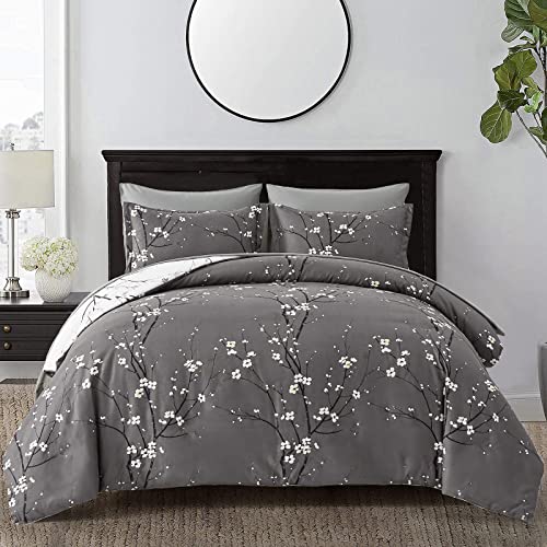 Grey White Reversible Floral Bedding Set 3 Pieces Tree Branch and Plum Flower Printed Duvet Cover Set with 2 Pillowcases Soft Microfiber Botanical Branch King Size 220x230 cm