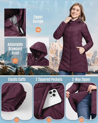 Outdoor Ventures Damen Wintermantel Langer Warmer Steppmantel Leicht Parka Wasserdicht Winterjacke mit Kapuze Funktionsjacke Übergangsjacke Weinrot XL